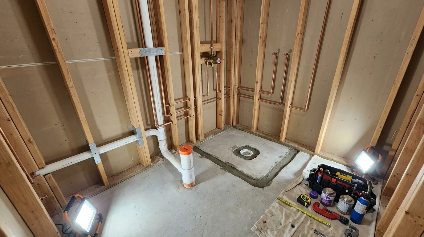 Bathroom rough-in plumbing during remodel by Johns Plumbing LLC in Manhattan Beach