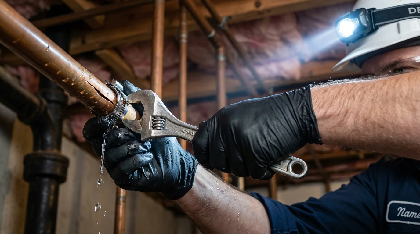 Emergency pipe clamp repair being performed by a Johns Plumbing LLC plumber in Manhattan Beach